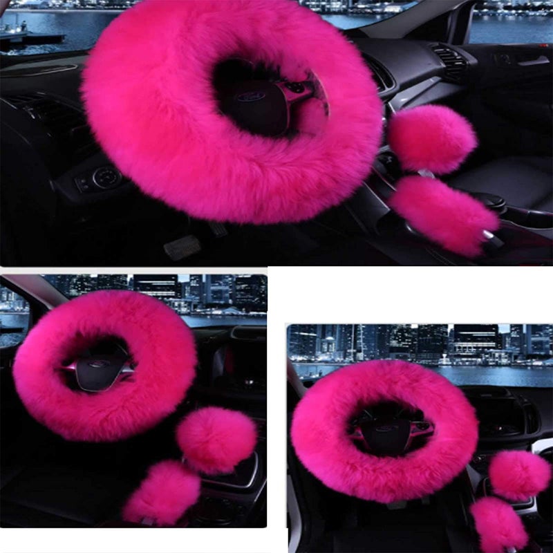 SPANICE 3 Pcs Car Steering Wheel Cover & Handbrake Cover & Gear Shift Cover Set Faux Wool Warm Winter (Rose Red) - Image 2